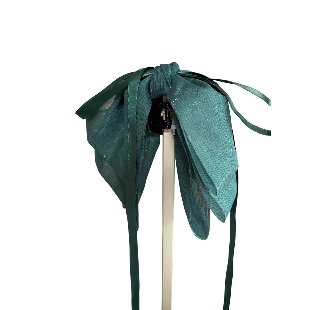 Oversized Emerald Green Shimmer Bow Hair Claw Clip with Long Satin Ribbon Tails - Picture 3 of 6